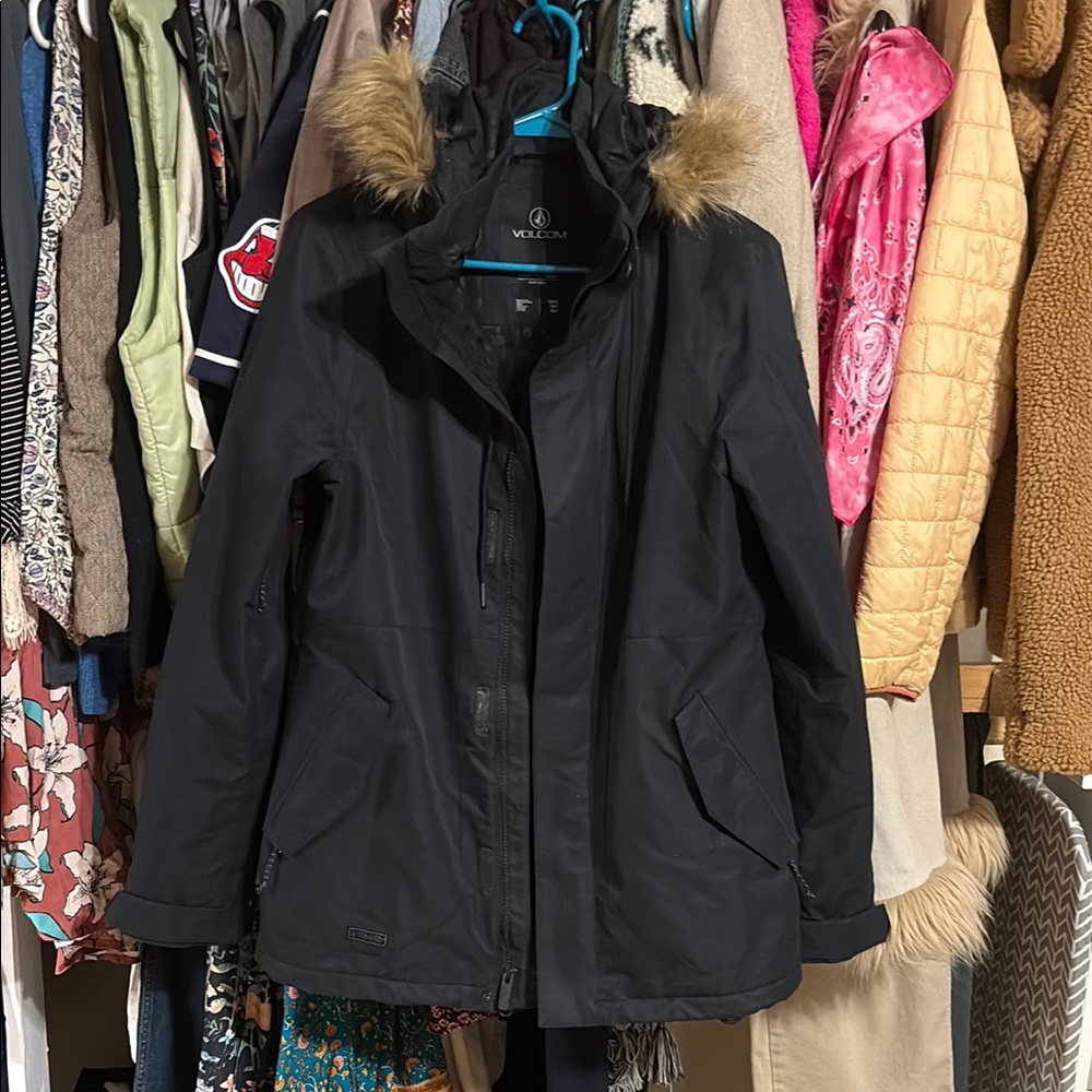 Volcom Women's Black Parka Jacket with Fur Hood
